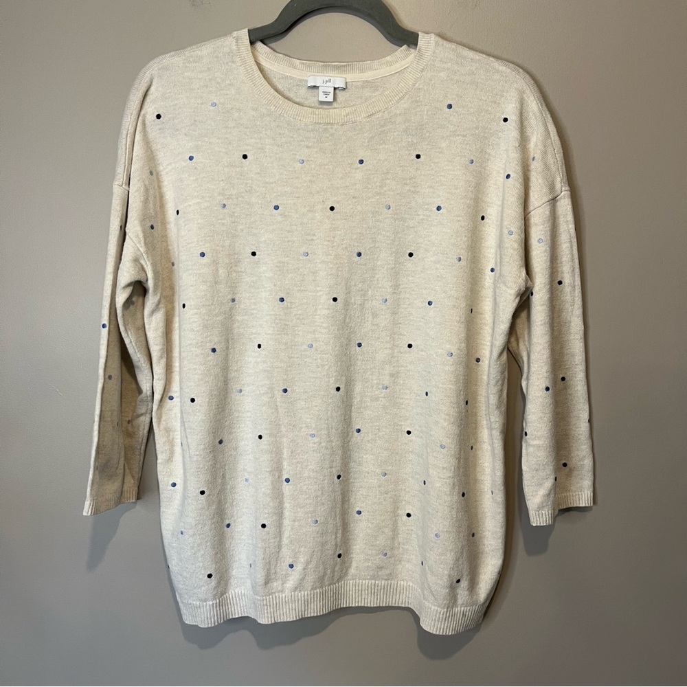 J. Jill oatmeal 3/4 sleeve blue polkadot lightweight sweater top Medium